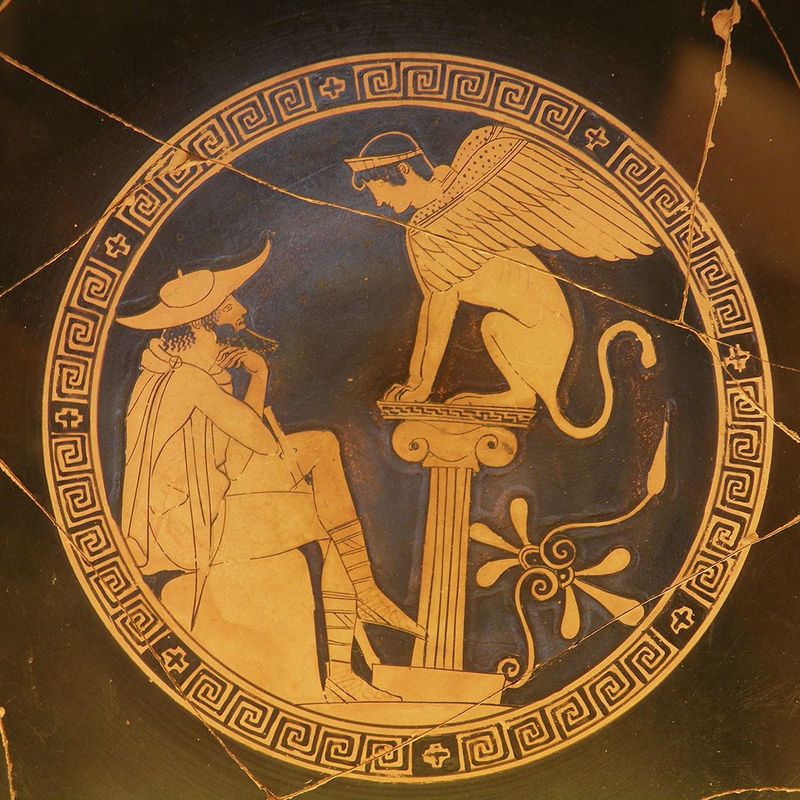 Oedipus and the sphinx of thebes  red figure kylix  c. 470 bc  from vulci  attributed to the oedipus painter  vatican museums (9665213064)